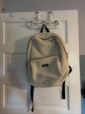 Kavu Cream Sherpa Backpack with Black Straps and Tan Trim